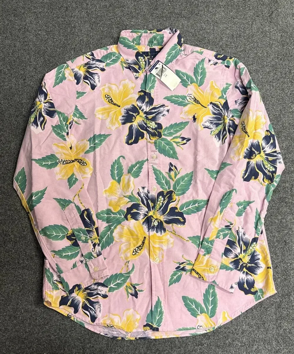 NWT Polo Ralph Lauren Pink Hibiscus Hawaiian Style Print Button Down Size Large